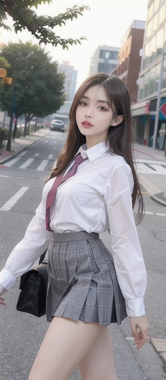 1 beautiful girl, Sad girl, Long Hair, 18-year-old, A beautiful face without blemishes, Rosy Face, Iris, Thin eyebrows, The most thorough makeup is the eyelashes, Pink lipstick, lips , Elegant smile, Her breasts are big and round, Narrow waist, Big Breasts, moderately large butt, Long legs, Reaches up to the waist、Please wear a light white button-up shirt that shows your underwear。., She is wearing a grey plaid pleated mini skirt.., high school student, Black Loafers, Thighs, Long Hair, One afternoon, The sun goes down, The sky is orange, Sunny sunset background image, Quality Best image quality, 8K quality, Real Girls, artwork, whole body