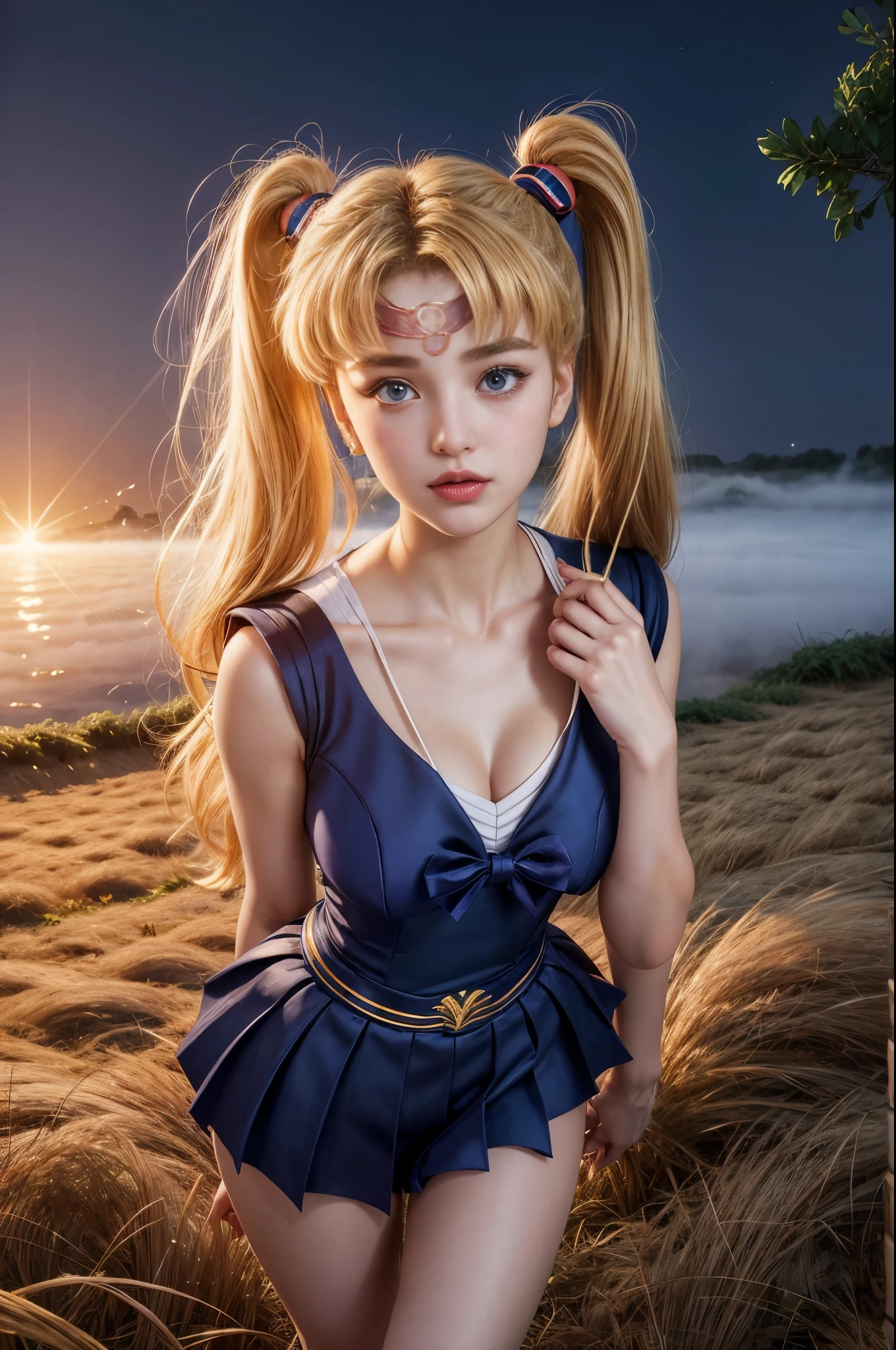 ((RAW photo), absurdities, (absurdresolution)), masterpiece, best quality, (Extremely detailed 8k unity CG wallpaper), (best illustration), (best shadow), Realistic lighting, beautiful detailed glow, ((21 years old, the most beautiful young girl, beautiful, innocent face)), (standing looking at viewer, leg slightly bent), (luminous golden blonde hair, two big buns, long pigtails), (perfect blue pupil, defined, sharp), (((sailor moon, very feminine formal suit, straw color))), ((background: hinoki trees and fog)), (her: dynamic pose of transformation to sailor moon)