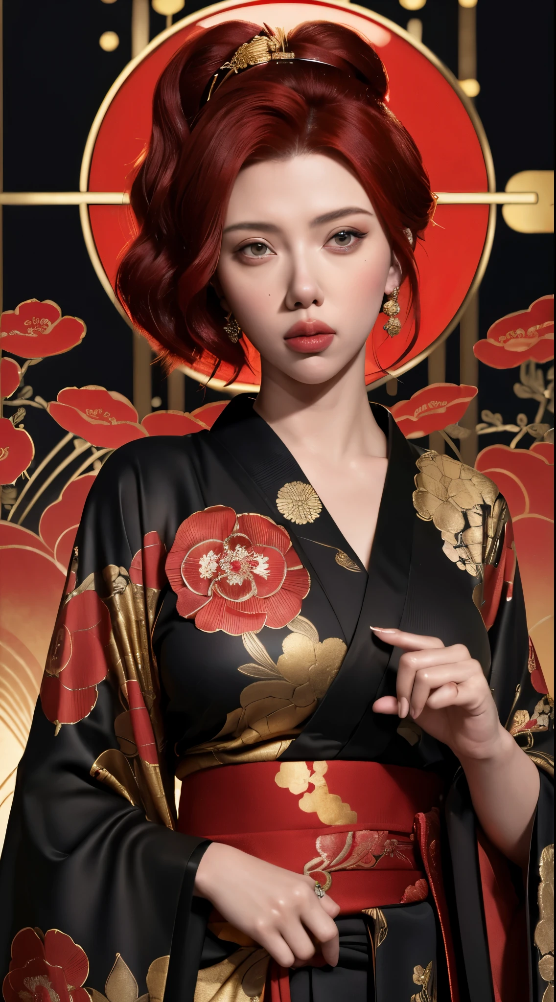 ((Scarlet Johansson)) black widow in a golden red kimono dress with a gold halo, japanese goddess, chie yoshii, elegant japanese woman, portrait of a beautiful geisha, intricate geisha kimono, japanese art style