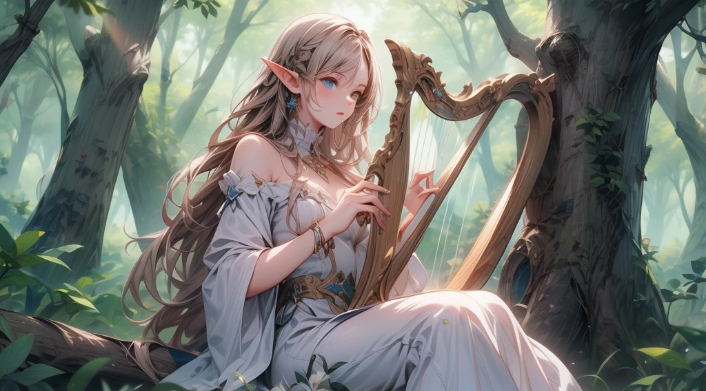 masterpiece, best quality, high quality, detailed, ultra detailed, hyper detailed, insanely detailed, exquisite, beautiful, FHD, Full-HD, 4K, 8K, 16K, highres, absurdres, forest, 1woman, Elf woman playing harp, meditating, intelligent, sitting, long hair, brown hair, silver hair, blue eyes, pale skin, fair skin, in the forest, with a tree, fantasy, beautiful, full body shot, lens flare, dust effect