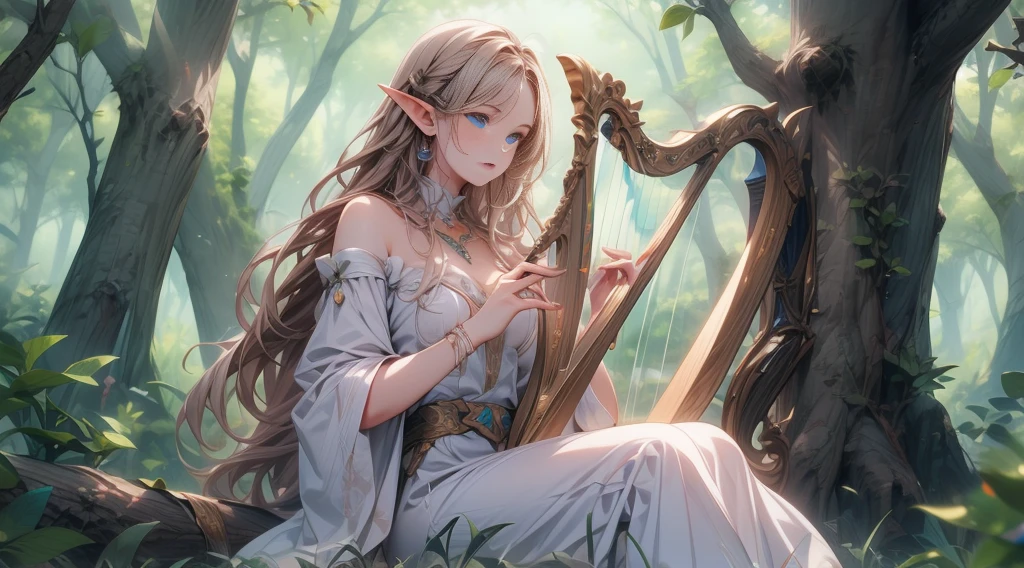 masterpiece, best quality, high quality, detailed, ultra detailed, hyper detailed, insanely detailed, exquisite, beautiful, FHD, Full-HD, 4K, 8K, 16K, highres, absurdres, forest, 1woman, Elf woman playing harp, meditating, intelligent, sitting, long hair, brown hair, silver hair, blue eyes, pale skin, fair skin, in the forest, with a tree, fantasy, beautiful, full body shot, lens flare, dust effect