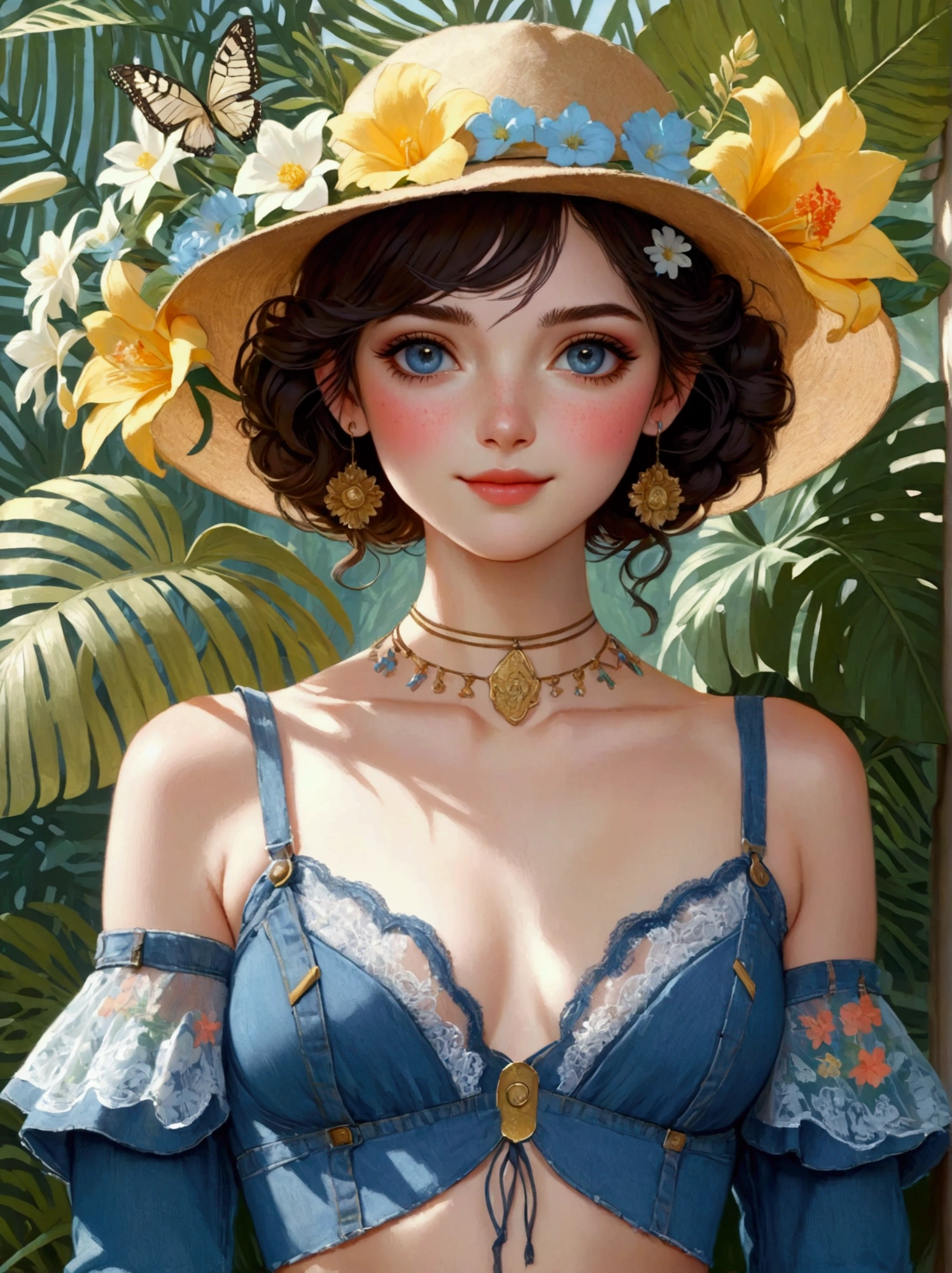 Summer tropical flower forest, Victorias Secret Fashion Show, Beautiful western girl in denim blue sexy lace crop top, With flowers and plants, Perfectly symmetrical body shape, Beautiful, seamless, symmetrical face, complex, grace, Very detailed, number, Trending on pinterest, Harper Bazaar, concept art, sharp focus, author：Art Jem, Tom Bagshaw, Lawrence Alma Tadema, Greg Rutkoski, norman rockwell, golden ratio, gentle smile, illustration, Minimalism, Ghibli-like colours, anime style, 8K, UHD, masterpiece, accurate, anatomically correct, textured skin, super detail, best quality