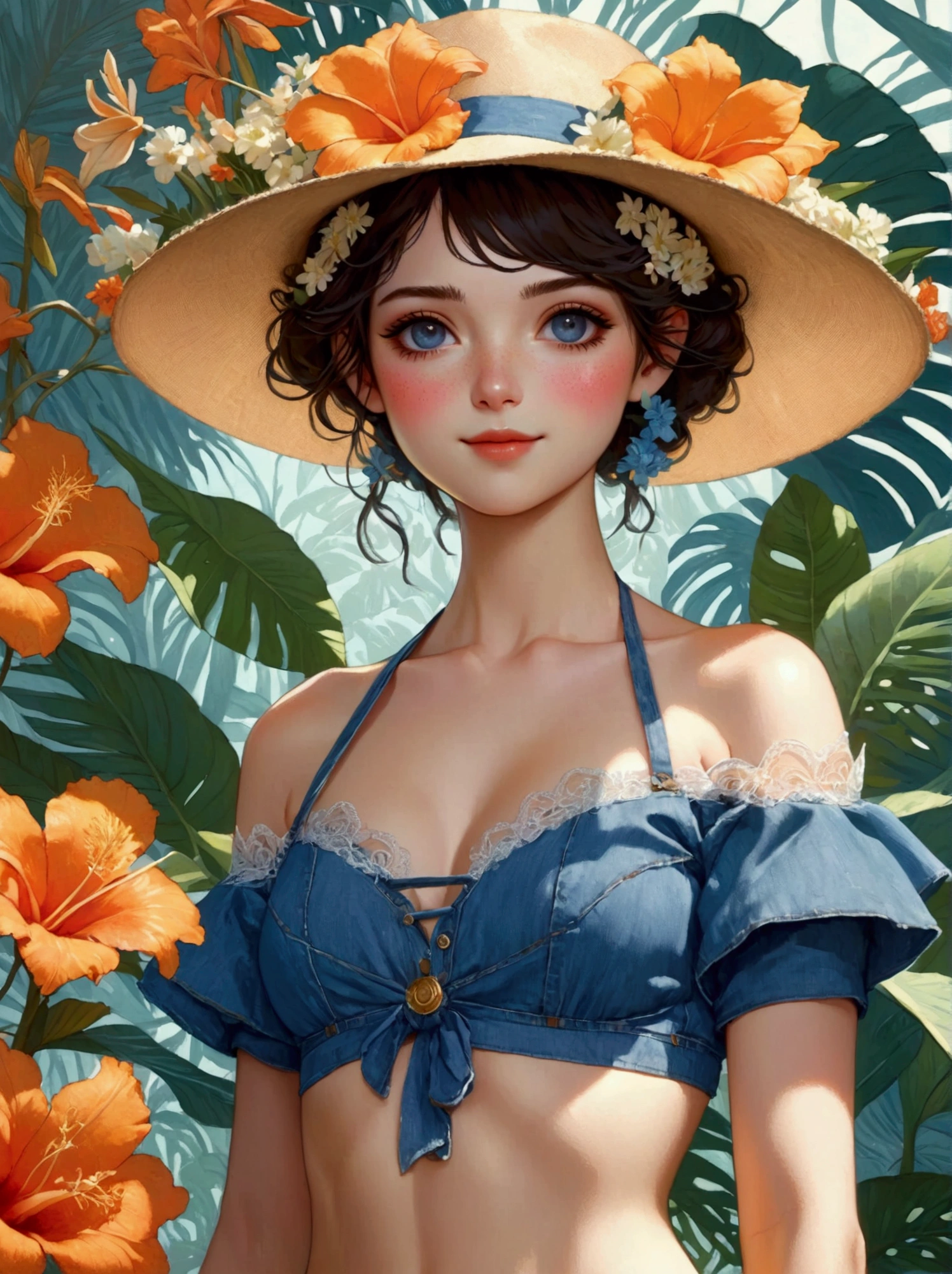 Summer tropical flower forest, Victorias Secret Fashion Show, Beautiful western girl in denim blue sexy lace crop top, With flowers and plants, Perfectly symmetrical body shape, Beautiful, seamless, symmetrical face, complex, grace, Very detailed, number, Trending on pinterest, Harper Bazaar, concept art, sharp focus, author：Art Jem, Tom Bagshaw, Lawrence Alma Tadema, Greg Rutkoski, norman rockwell, golden ratio, gentle smile, illustration, Minimalism, Ghibli-like colours, anime style, 8K, UHD, masterpiece, accurate, anatomically correct, textured skin, super detail, best quality