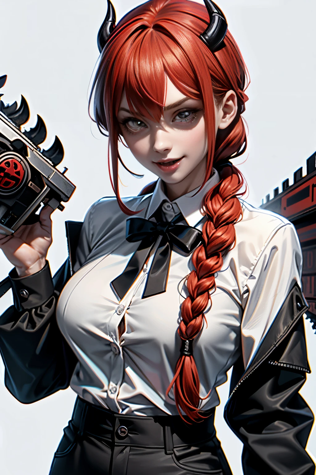 open mouth,(kiss),Best Quality, incredibly detailed,1 girl,1 chico, Session,in flight and yy (1 chico:1.4) by rubio, valuable (chainsaw man),y 1 girl,hands (chainsaw man), Best Quality, ultra detailed, 1 girl, , standing, Red hair, long braided hair, gold eyes, hits,, big tits, stare, smile, (devil:1.2),, hands (chainsaw man),shirt, side locks, Alone, uniform, white shirt, black tie, Black pants