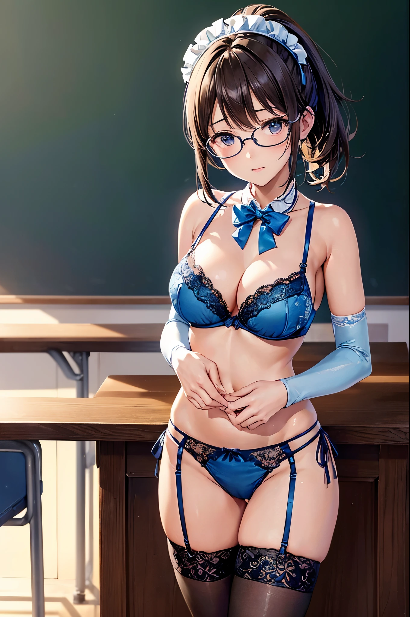 (((masterpiece, Highest quality, High resolution, 超High resolution, Perfect Pixel, Depth of written boundary, 4K, RTTX 10.0))), Beautiful Anime Woman, Beautiful art style, Anime characters, ((Smooth texture, Realistic texture, Anime CG Style)), Perfect and accurate finger count、Exact number of legs、(Exact number of arms:1.0, Exact number of hands:1.0), (Perfect hands, Perfect Anatomy), Cinematic, Realistic, Extremely detailed CG, Perfect lighting, Best Shadow, The best natural light, whole body, Perfect body, バランのとれたPerfect body, Perfectly balanced style, Soft body, ((bangs, Dark brown hair, Short Ponytail)), ((A pretty adult woman is giving a lecture with an open textbook in one hand:1.8)), ((Bow tie around neck, Round Glasses:1.3), (Sexy and cute blue underwear:1.3), (Stylish shiny blue satin panties, Side-tie blue panties, Panties with plain blue center and lace decoration on the sides, Light blue panties:1.4), (Blue micro lace satin bra, Blue bra with large lace trim around the edges, Open cup blue bra, A gorgeous blue bra with lace, Thin bra:1.4), (lace garter belt, Garter Strings, Knee socks:1.3):1.3), (Beautiful big boobs:1.1), (Embarrassed expression:1.7), blush, (School classroom, Blackboard and lecture desk in the background, There are formulas and graphs written on the blackboard, During class:1.7), naked, belly button, In underwear, ブラとパンティとガーターベルトとKnee socksのみ, (Frilly maid headband:1.1), Angle from the front
