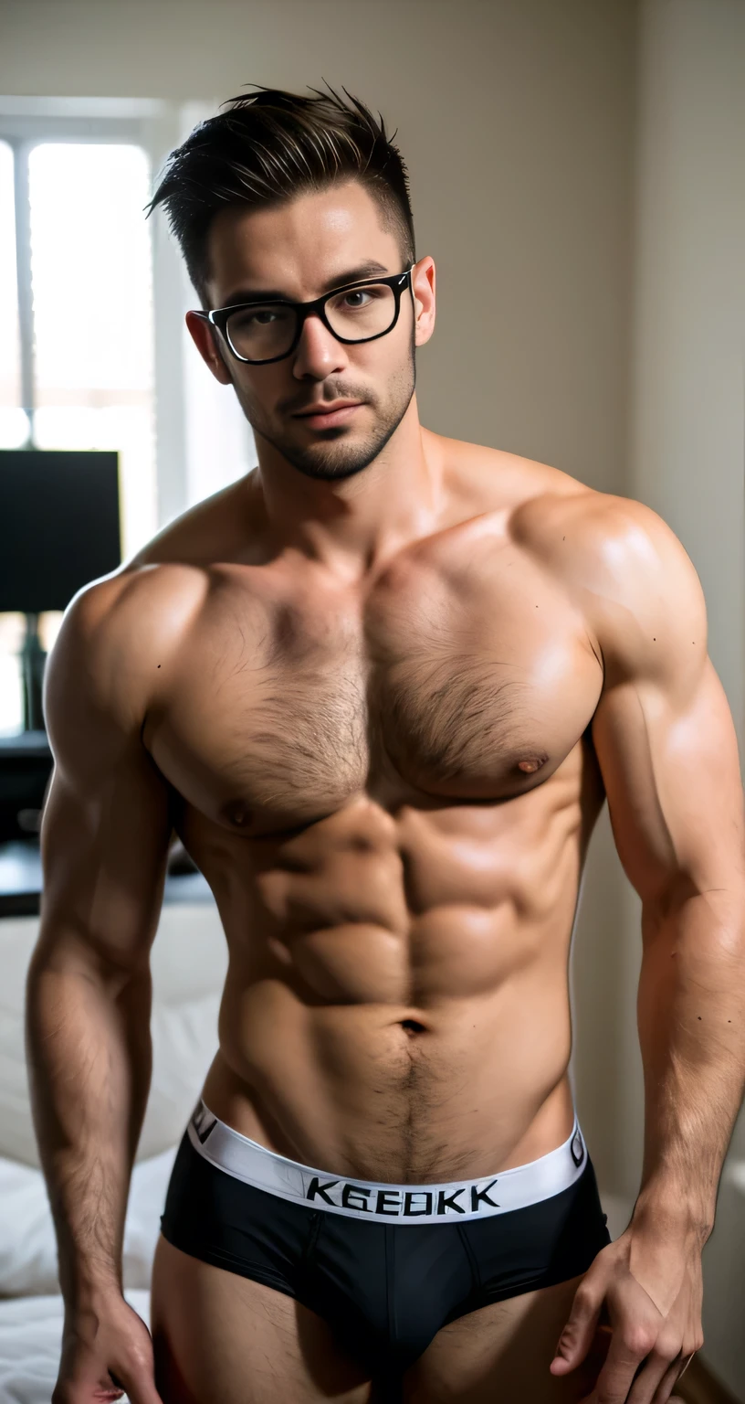natural male、30 years old、american male、very handsome、abs、Pectoral muscle、ck underwear、PUMP Briefs、body hair、full-length picture,wearing glasses