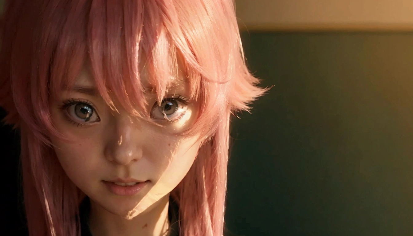 Close-up of a person with long pink hair and a black shirt, mirai nikki, In anime movies, Anime movie screenshots, Screenshots from the 2012 anime, Anime girl named Lucy, Close-up of a young anime girl, Zero Two, Today's featured anime is still, A still from the anime, From the TV anime, Megumi Okada
