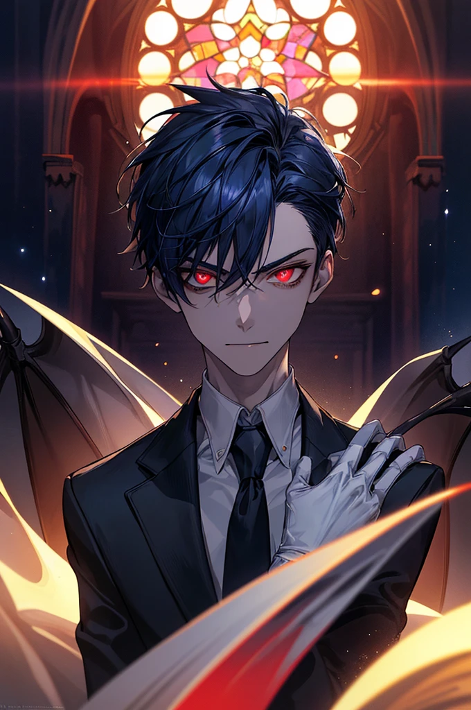 {{top-quality,masterpiece,8k wallpaper}},Ultra-detailed CG Unity,Particle,Cinematographic lighting,((1 ager)),a handsome,a 20-year-old boy,slender,Looking at the camera,Looming,evil smile,Vicious face,close up of face,sharp gaze,((Glowing eyes,red eyes,pupils are small)),Dark blue hair,short-haired,hair messy,put your hair up,White skin gloves,A sexy,White jacket,Black shirt,Dark blue tie,Vampire,double tooth,Church at night,stain glass,