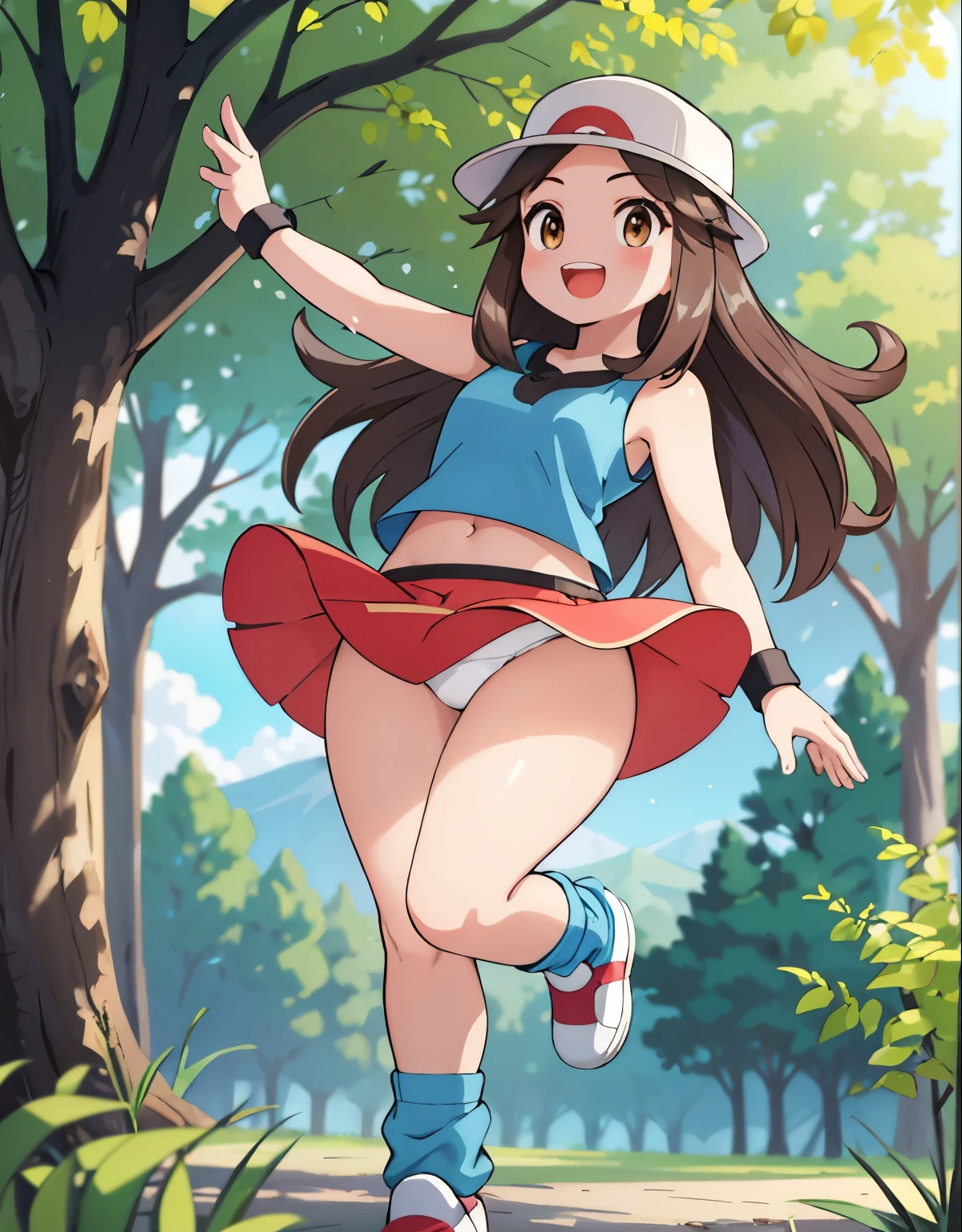 1trainerleaf1, sleeveless shirt, black wristbands, visible thighs,thick thighs,red skirt,blue shirt, brown eyes, white hat, brown eyes, loose socks, white footwear, smile, upskirt, white panties, walking, body shape, chubby thighs, wide hips, long legs, holding a pokeball, visible navel, smile, happy, loved gaze, looking at camera, oil painting, detailed brushstrokes, vibrant colors, shadow and light, high contrast, vivid scenery, textured background, realistic features, flowing hair, intricate details, dynamic pose, natural surroundings, sunlight filtering through trees, peaceful atmosphere, expressive eyes, playful expression, cute and lively, youthful energy, graceful movements, delicate skin texture, intricate patterns on clothing, harmonious color palette, serene and enchanting,  (best quality, 4k, highres, masterpiece:1.2), ultra-detailed, realistic:1.37, professional, vivid colors, concept artists style, soft light, vibrant colors, dusty pink color tone