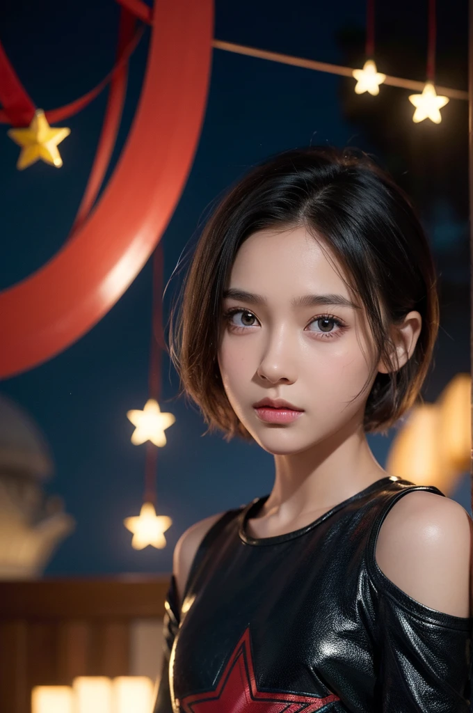 best quality image, 4K, Marvel drawing style z a young 8 year old girl, nacardo short hair,  stars hanging in hair, amber bright eyes 
