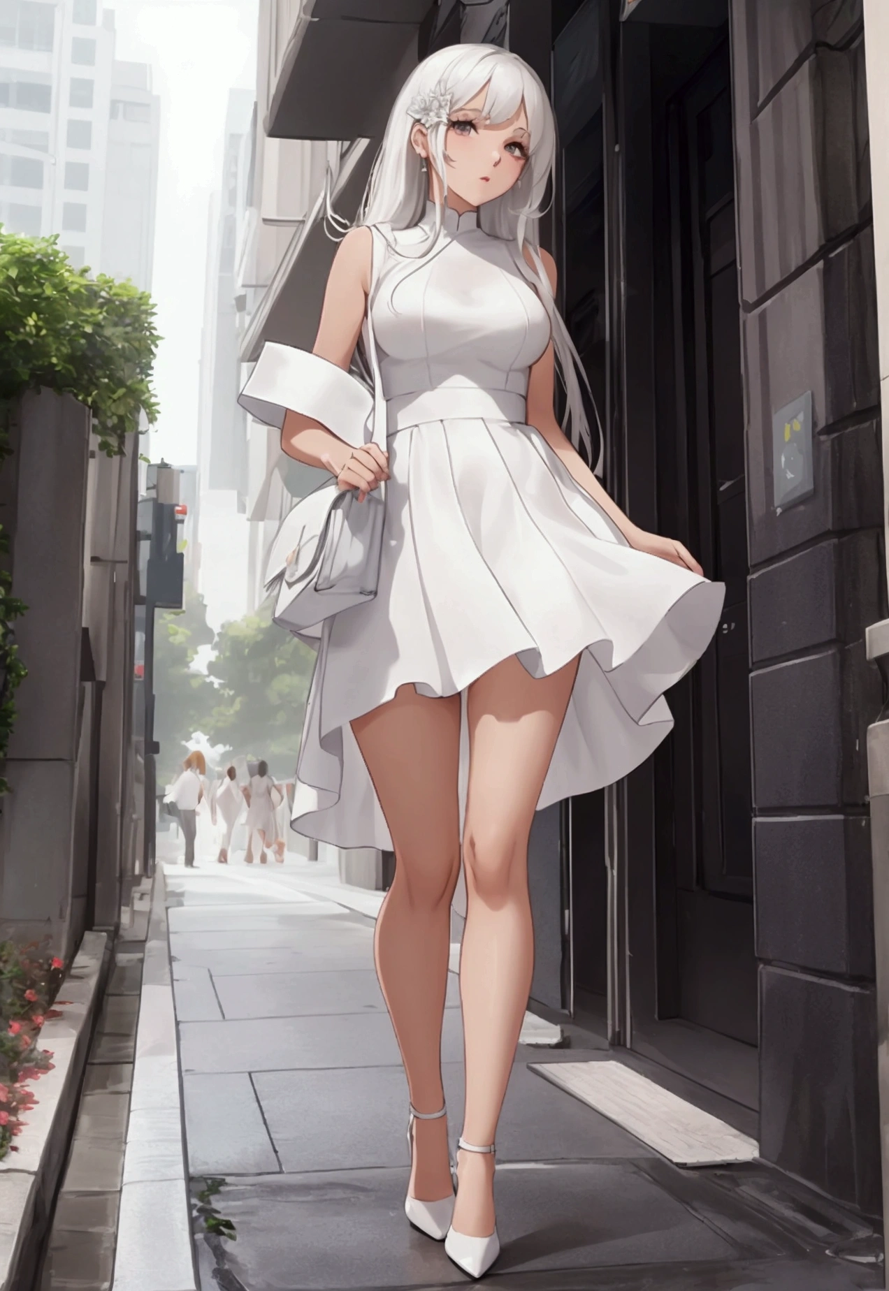 a woman in a white dress and heels walking down a sidewalk, sleek legs, wearing a wet white short dress, wearing heels and white dress, juicy legs, wearing white skirt, wearing white dress, toned legs, nice legs, legs, white miniskirt, long legs, full body white dress, thighs!!!!! gorgeous, wearing a cute white dress, short legs, body full