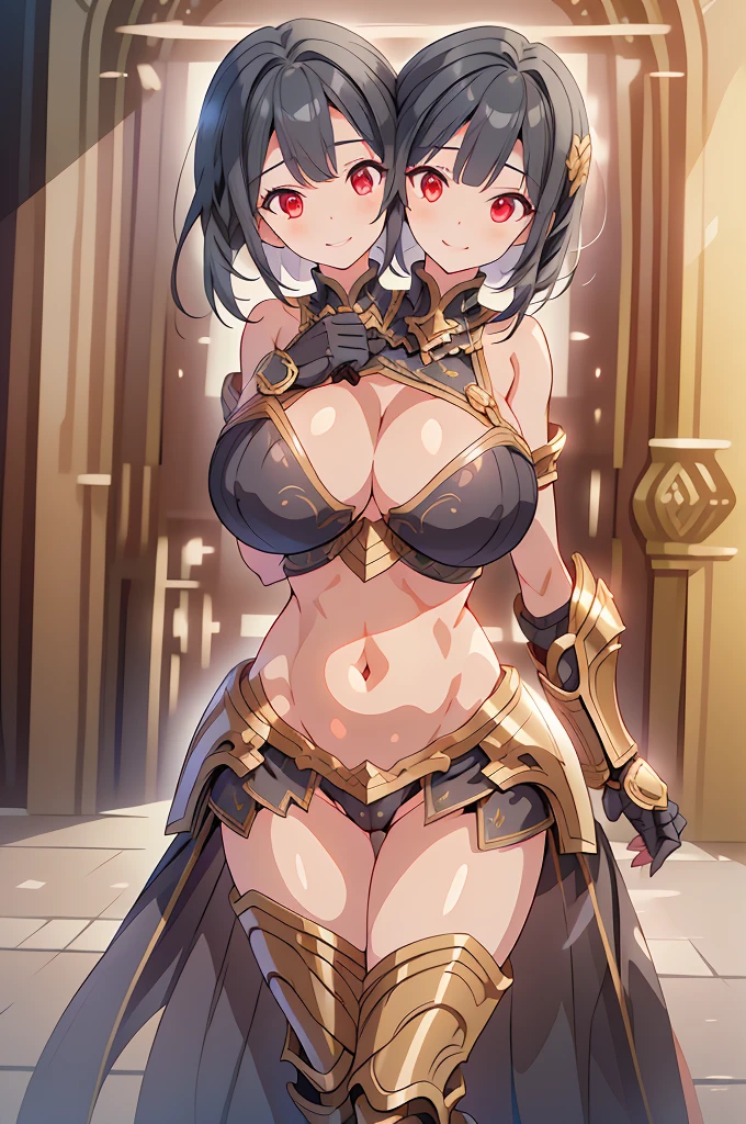 best quality, (masterpiece),(ultra-detailed), (high quality), (high resolution), (best quality:1.5, highres, UHD), highres, absurdo, ultra detail, ultra quality, (3heads:1.5) Gal, black hair, large breasts, thighs, silver paladin armor, female paladin, open belly, open breasts, very huge breasts, medieval outfit, red eyes, sword, cropped armored chest piece, gorgeous female paladin, Guild Clothes with Armor, revealing armor, smiling,