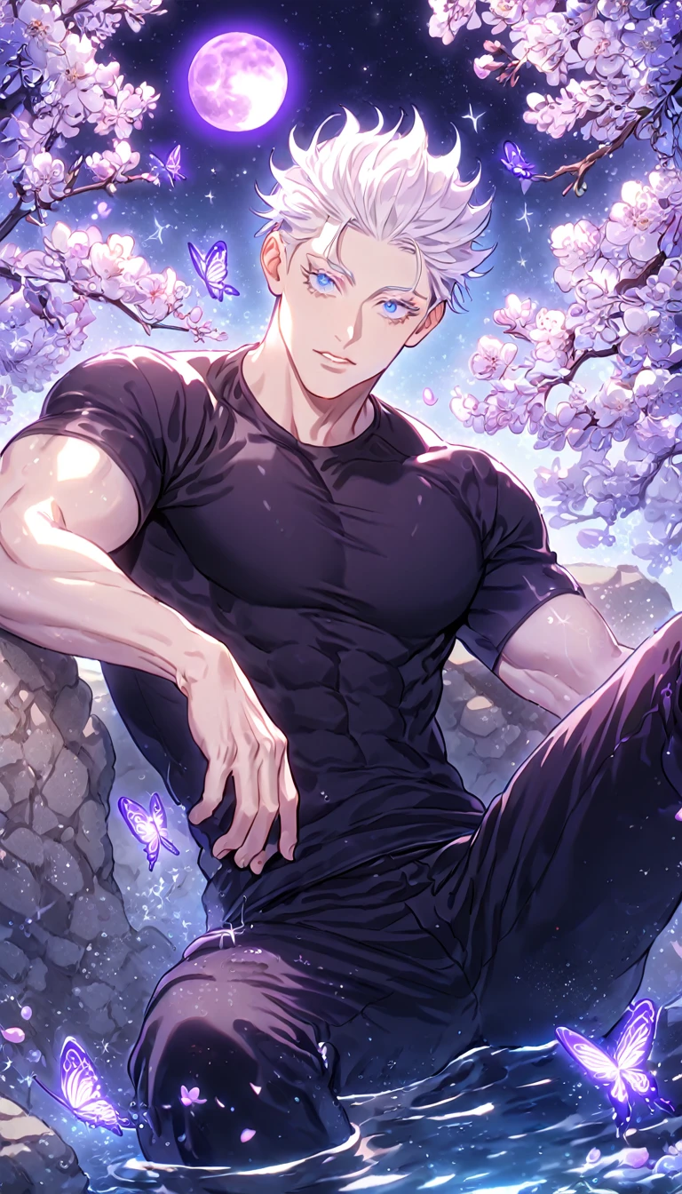 absurdres, highres, ultra detailed, HDR, master piece, best quality, Gojou Satoru, white hair, hair slicked back, ruffled hair, expressive blue eyes, white eyelashes, Jujutsu Kaisen, solo, sexy man sitting, handsome, sensual, ?????, black tight T-shirt, black pants, fantasy, magical, shining, purple flowers, blossoms, water, purple petals, purple butterflies, sparkling, purple moon, starry sky, manly man
