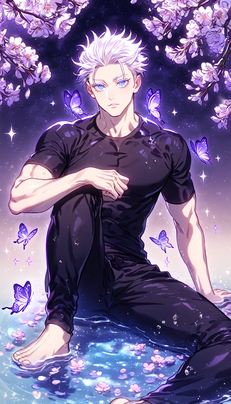 absurdres, highres, ultra detailed, HDR, master piece, best quality, Gojou Satoru, white hair, hair slicked back, ruffled hair, expressive blue eyes, white eyelashes, Jujutsu Kaisen, solo, sexy man sitting, handsome, sensual, horny, black tight T-shirt, black pants, fantasy, magical, shining, purple flowers, blossoms, water, purple petals, purple butterflies, sparkling, purple moon, starry sky, manly man