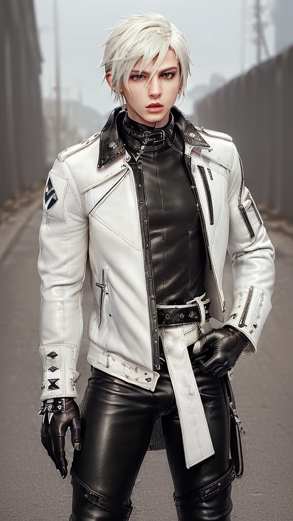 ((Final fantasy taste and reality graphics,)) (((Japanese young cute and cool ikemen  boy))), his age is early 20s, thin eyebrows and beady eyes,  (((((boy wearing off white color leather  thick and heavy material jacket))))), (((((jacket is singlebrest))))), ((biker style jacket)), ((jacket is large size)),(((with epaulet))), ((((jacket is long sleeve)))), ((((zipped up front of the leather jacket)))), , ((voluminous leather jacket)), ,((((jacket collar is high length and stand-up collar)))), ((((jackets collar with two belts)))), ((jacket is a little black color line pattern)), ((also wearing black thick material turtleneck lackluster shirts)),  ((((tight black long leather pants)))),  (((((put black leather tight and thin glove on both hands))))),(((((leather glove is covered full fingers))))), ((black leather knee-high raceup boots)),(((((views  head-to-toe))))),(((((must views whole body))))), ,((Do not show skin from the neck down)),leather jacket leather glove and leather pants have few wrinkles, Avoid showing your innerwear,zip up jacket fastner.must put on a leather glove.
Boy is black hair.boy looks like fashion model.