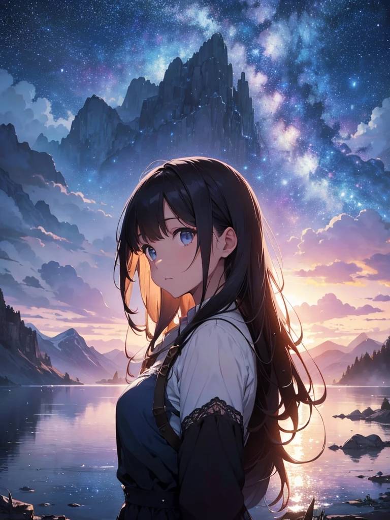 Starry sky with mountains and lake, Jessica Rosier, Inspired by Jessica Rosier, Jessica Rosier Fantasy Art, Concept Art Magic Highlights, Official artwork, Dream Painting, Ethereal Plane, Atmospheric artwork, Dreamy Matte Paintings, Inspired by Ted Nasmith、Calm and infinite stars々, Moonlight and starry sky environment, Epic music album covers.