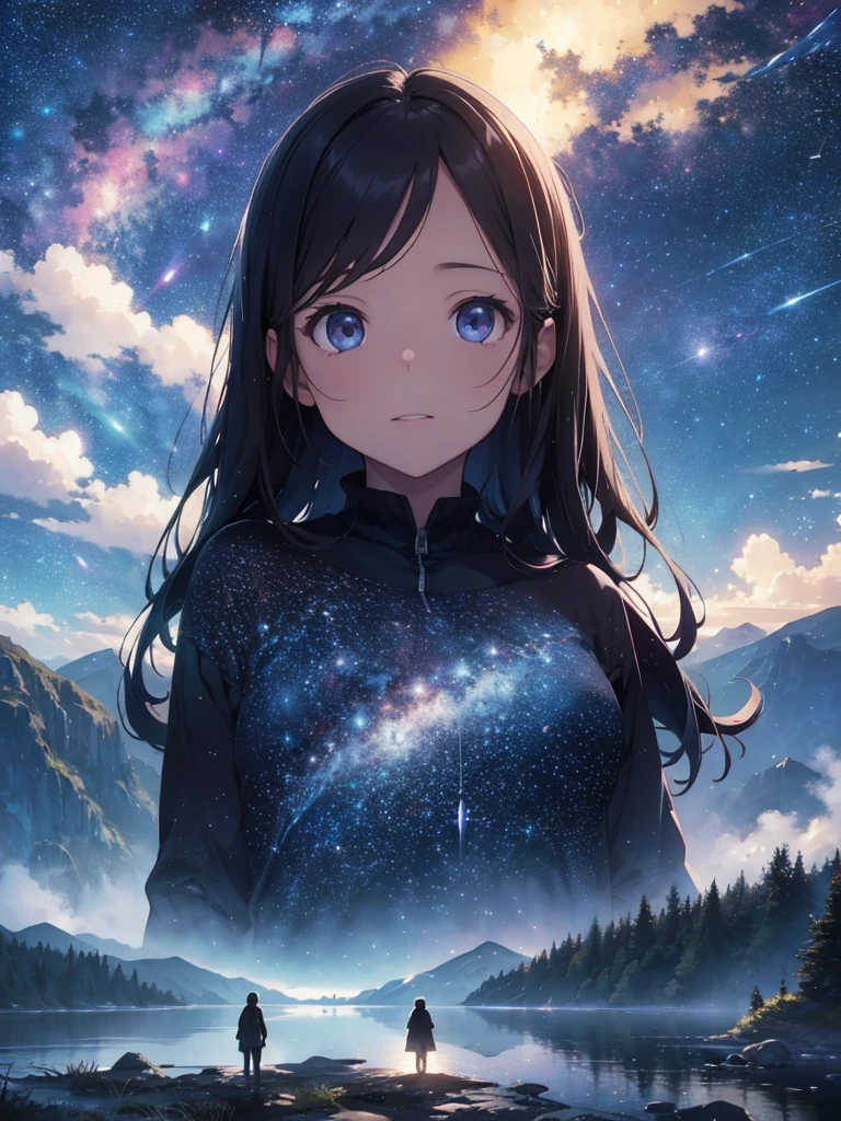 Starry sky with mountains and lake, Jessica Rosier, Inspired by Jessica Rosier, Jessica Rosier Fantasy Art, Concept Art Magic Highlights, Official artwork, Dream Painting, Ethereal Plane, Atmospheric artwork, Dreamy Matte Paintings, Inspired by Ted Nasmith、Calm and infinite stars々, Moonlight and starry sky environment, Epic music album covers.