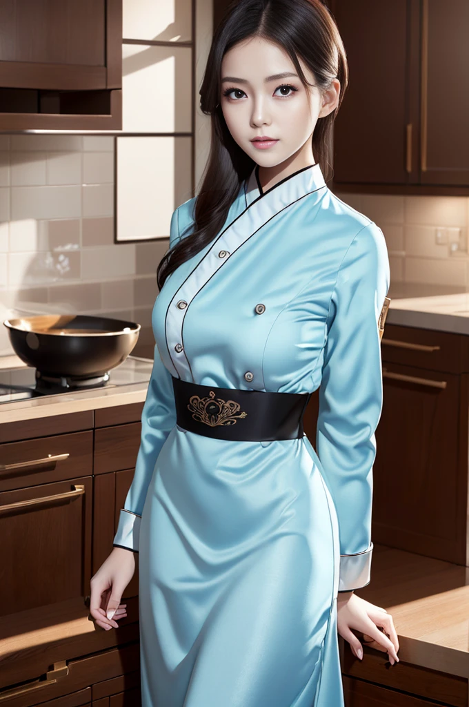 masuter piece, best qualtiy, ((Real model footage)), 8K picture quality, ((1 girl)), Extremely Delicately Beautiful, magnifica, Official art with attention to detail, ((perfect hands)), (18 years old girl), (japanese beautiful woman), black short hair, (((Cute light blue long-sleeved chef costume)))