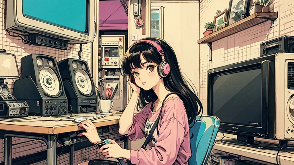 1 girl, 90s anime style, I have headphones on, Stylish cafe, coffee, Retro, Old TV, Lo-Fi