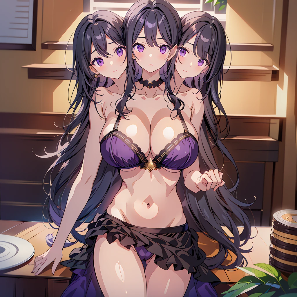 best quality, (masterpiece),(ultra-detailed), (high quality), (high resolution), (3heads:1.5) ((black long hair)), ((identical hair color)), black eyes, ((three headed woman)) ((huge breasts)), ((k-cup breasts)), cleavage, ,best quality:1.5, highres, UHD, 4K),, ((purple bikini)), ((exposed midriff)), sexy proportions, bedroom, thighs, Beautiful girl with accentuated slender abs