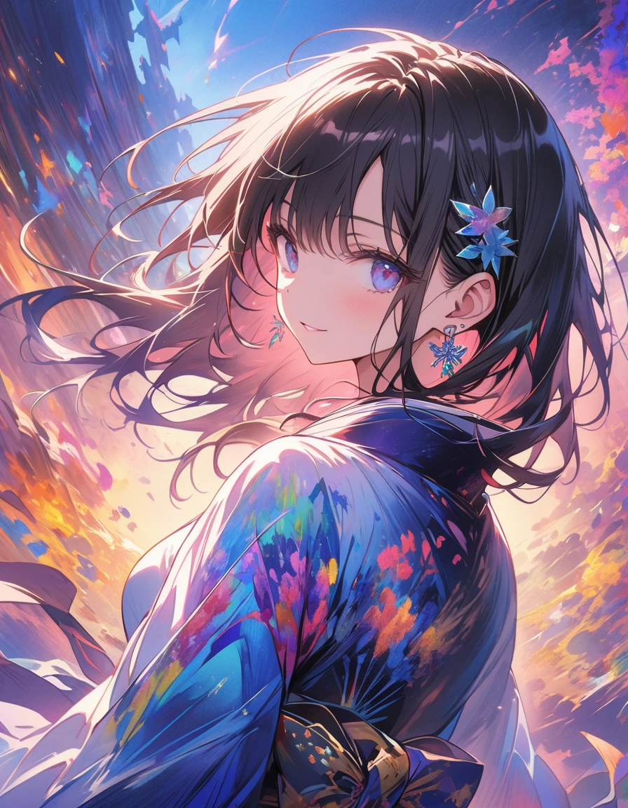 (masterpiece、Highest quality、Highest quality、Official Art、Beautiful and aesthetic:1.2)、(One Girl:1.3)、Black-haired、Straight Hair、Align your bangs、Very detailed、(Fractal Art:1.5)、(colorful:1.2)、Highest detail、(Tangled:1.2)、(Dynamic Pose、sideline)、(Abstract background:1.5)、(Japanese clothing:1.2)、(Glowing Skin)、(Many colors:1.2)、(Earrings:1.4)、The background is blue tone、