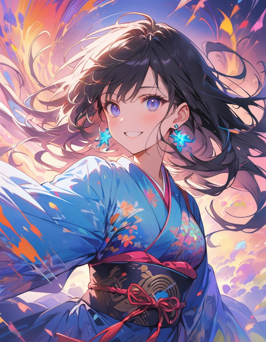 (masterpiece、Highest quality、Highest quality、Official Art、Beautiful and aesthetic:1.2)、(One Girl:1.3)、Black-haired、Straight Hair、Align your bangs、Very detailed、(Fractal Art:1.5)、(colorful:1.2)、Highest detail、(Tangled:1.2)、(Dynamic Pose、sideline)、(Abstract background:1.5)、(Japanese clothing:1.2)、(Glowing Skin)、(Many colors:1.2)、(Earrings:1.4)、The background is blue tone、