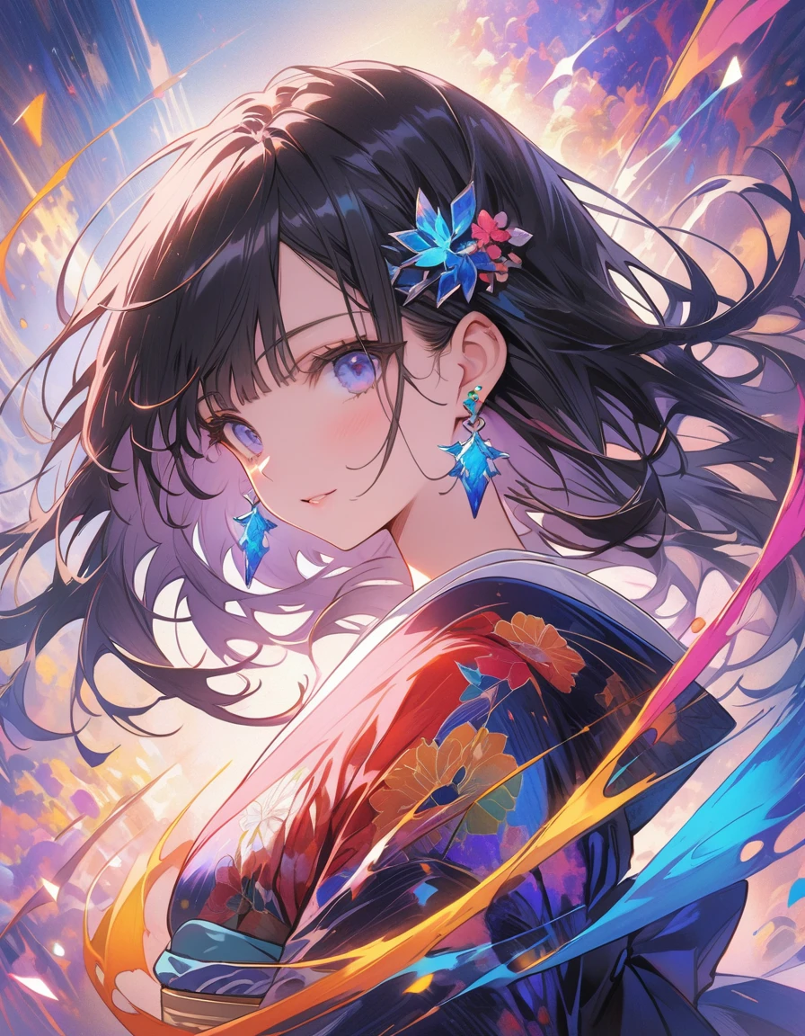 (masterpiece、Highest quality、Highest quality、Official Art、Beautiful and aesthetic:1.2)、(One Girl:1.3)、Black-haired、Straight Hair、Align your bangs、Very detailed、(Fractal Art:1.5)、(colorful:1.2)、Highest detail、(Tangled:1.2)、(Dynamic Pose、sideline)、(Abstract background:1.5)、(Japanese clothing:1.2)、(Glowing Skin)、(Many colors:1.2)、(Earrings:1.4)、The background is blue tone、