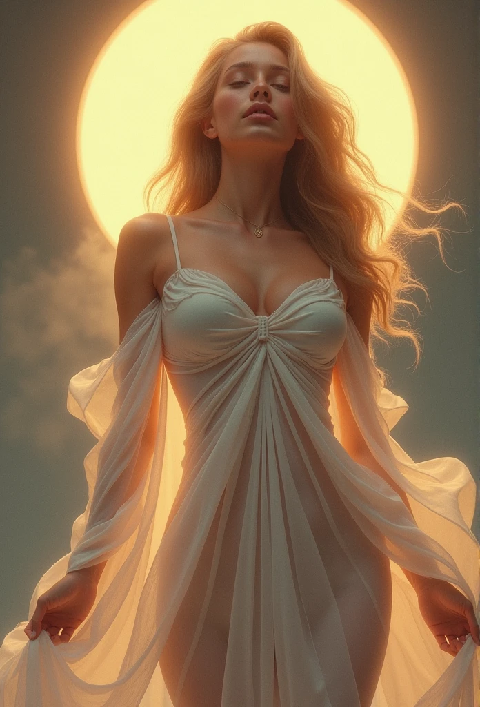 (Upper body close-up angle), Beautiful woman wearing a short white dress, art station, halo, Detailed face, porcelain skin, Long, flowing hair, tranquil expression, Detailed clothing wrinkles(perfect body with golden ratio_big bust, slim waist, big ass:1.3), dramatic lighting, shining spiritual atmosphere, aura, elegance, Serenity, soft pastel colors, Vivid and realistic style, high resolution, 8k, best quality, masterpiece,