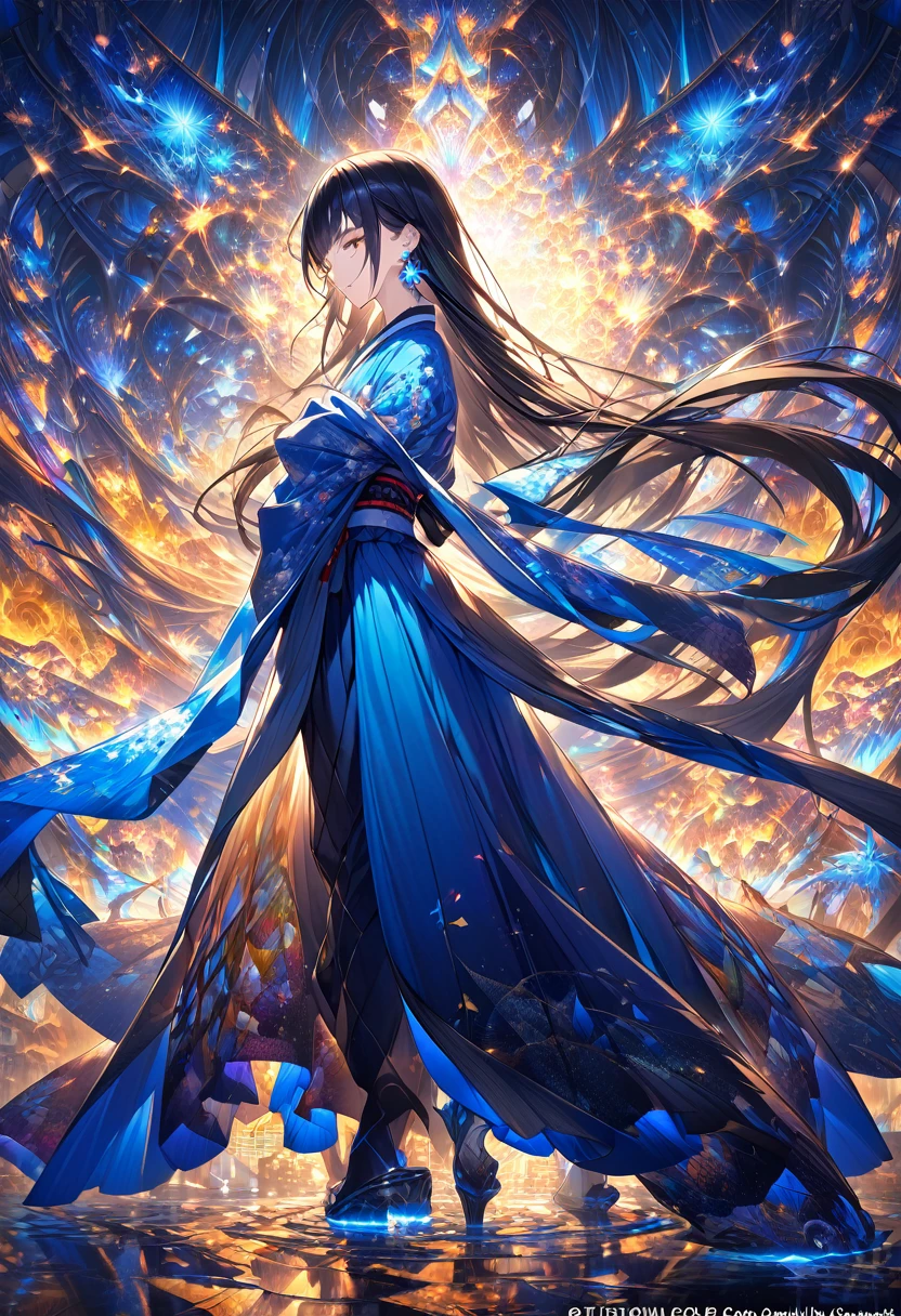 (masterpiece、Highest quality、Highest quality、Official Art、Beautiful and aesthetic:1.2)、(One Girl:1.3)、Black-haired、Straight Hair、Align your bangs、Very detailed、(Fractal Art:1.5)、(colorful:1.2)、Highest detail、(Tangled:1.2)、(Dynamic Pose、sideline)、(Abstract background:1.5)、(Japanese clothing:1.2)、(Glowing Skin)、(Many colors:1.2)、(Earrings:1.4)、The background is blue tone、