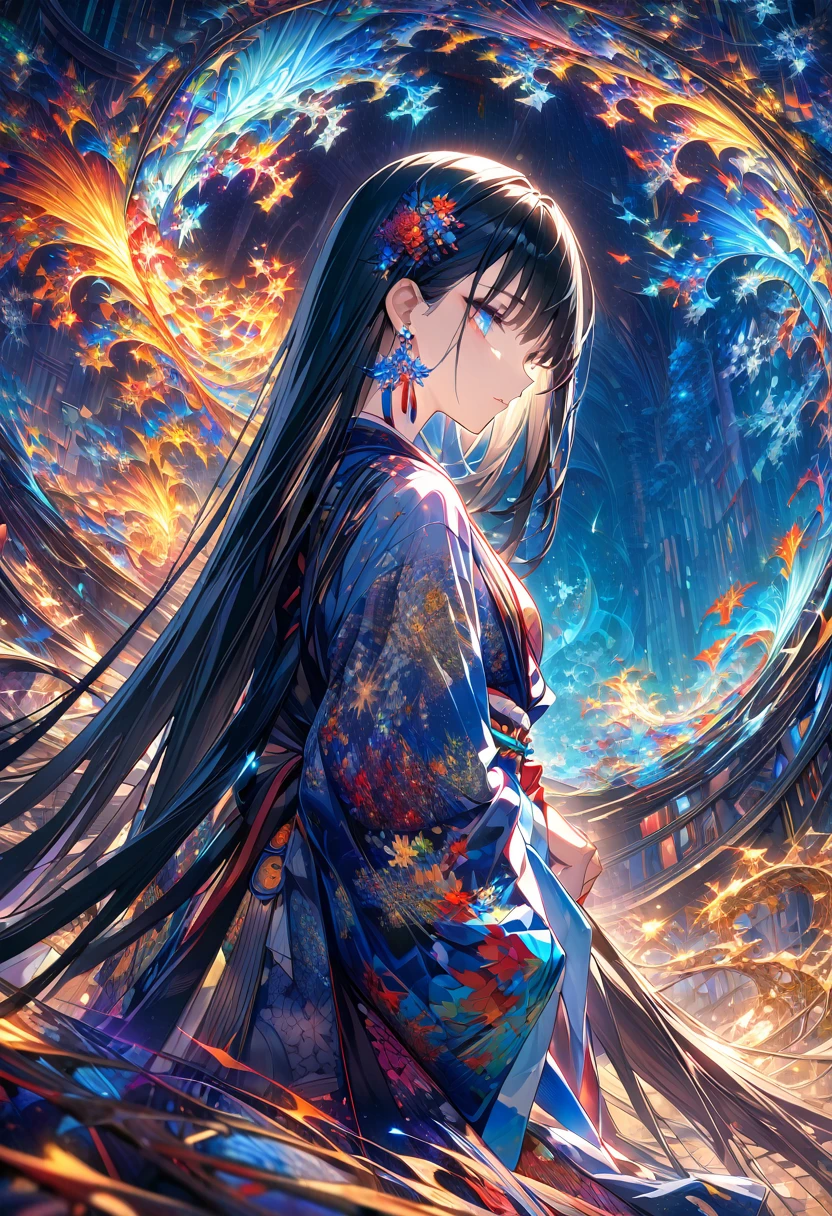 (masterpiece、Highest quality、Highest quality、Official Art、Beautiful and aesthetic:1.2)、(One Girl:1.3)、Black-haired、Straight Hair、Align your bangs、Very detailed、(Fractal Art:1.5)、(colorful:1.2)、Highest detail、(Tangled:1.2)、(Dynamic Pose、sideline)、(Abstract background:1.5)、(Japanese clothing:1.2)、(Glowing Skin)、(Many colors:1.2)、(Earrings:1.4)、The background is blue tone、