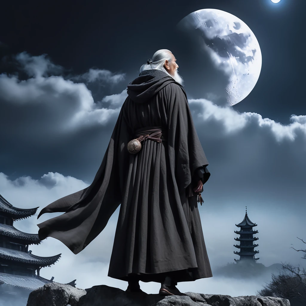 High Fantasy、Vivid depiction、live-action、Top of the old tower、Back view of an old man wearing an old hood and an old robe、The background is darkness、Big moon in the sky