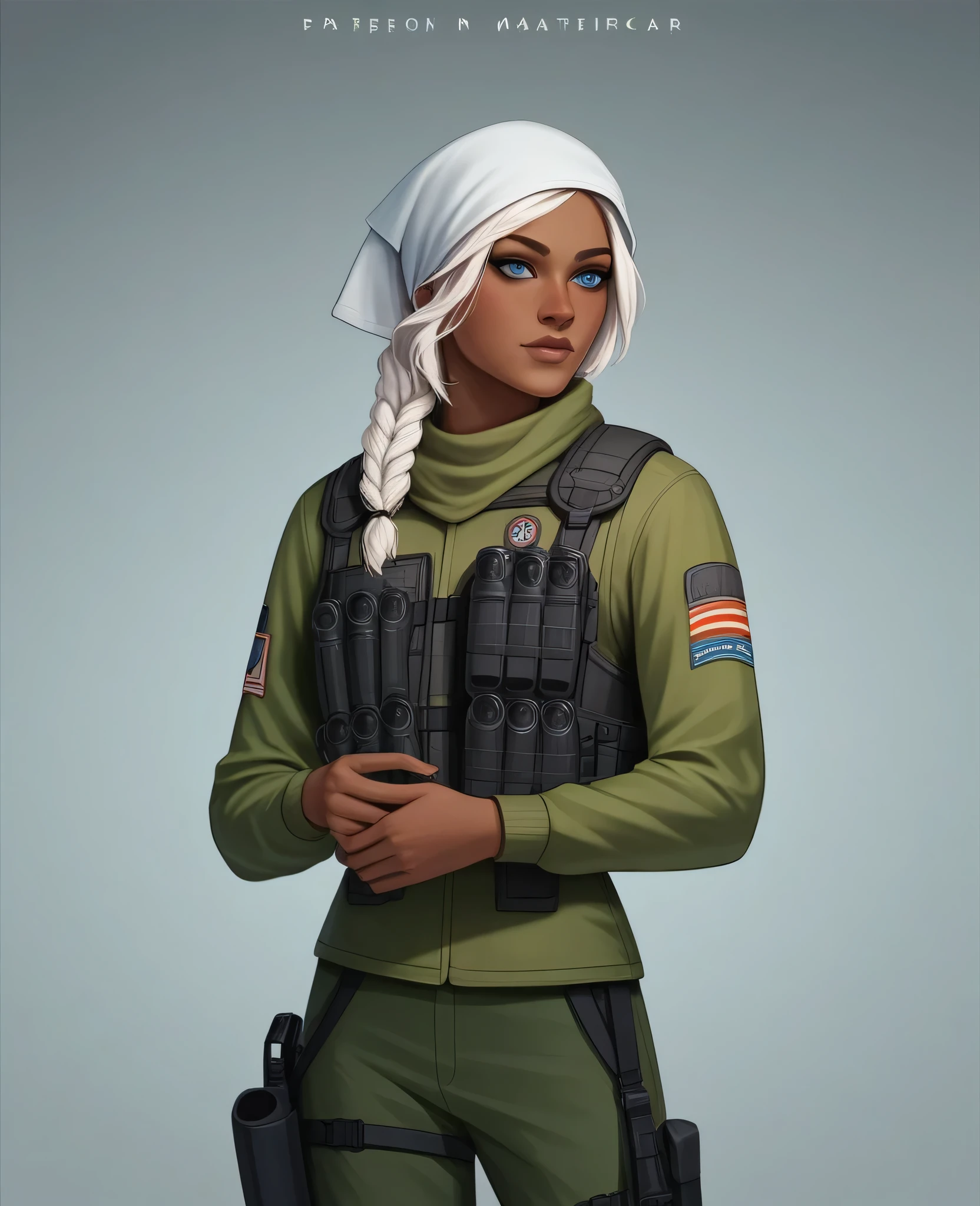 ((best quality)), ((masterpiece)), (detailed), 1girl, mixed race girl, African American + Caucasian girl with lighter skin, young woman, pretty, skinny, white hair, modern attire, modest, head scarf, long hair, hair tied in the back, bullet proof vest, tactical gear, civillian in kevlar vest, black swat kevlar, princess, long sleeve, stealth gear, splinter cell, informal, outfit like “Frost” from Rainbow Six Siege
