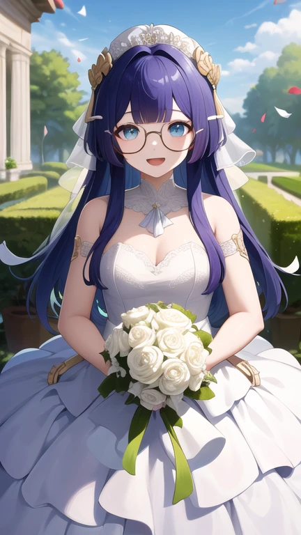 masterpiece, best quality, highres, aapela, long hair, hair ornament, glasses, wedding dress, white dress, strapless, smile, open mouth, garden, holding bouquet, confetti,