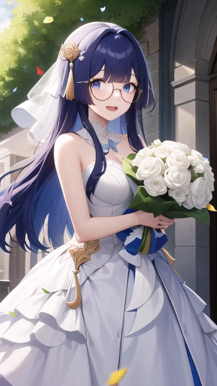 masterpiece, best quality, highres, aapela, long hair, hair ornament, glasses, wedding dress, white dress, strapless, smile, open mouth, garden, holding bouquet, confetti,