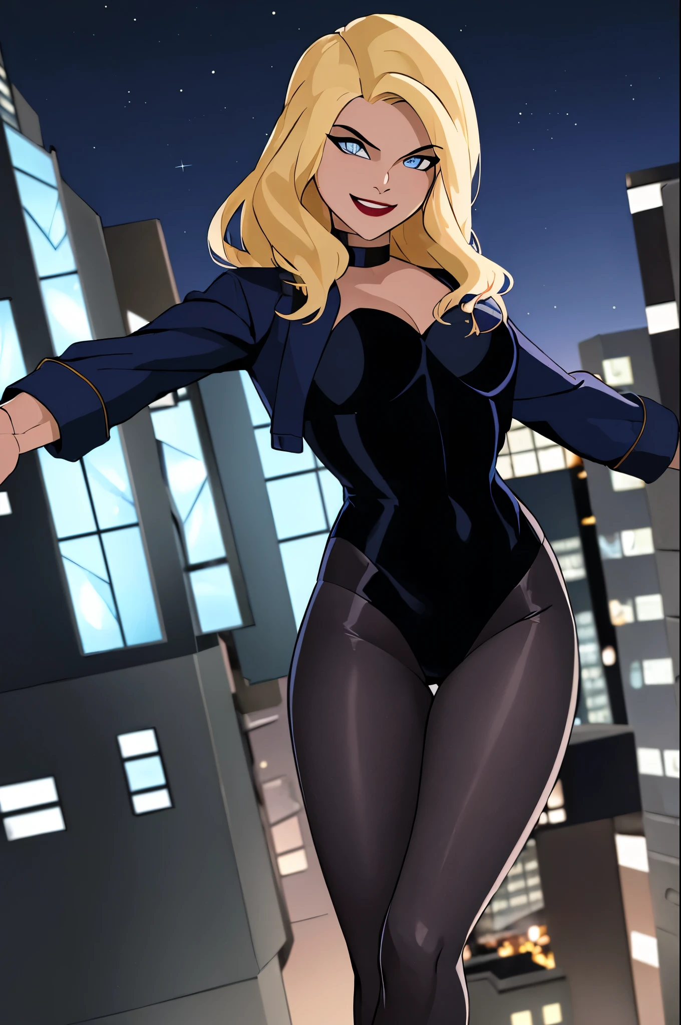 ((masterpiece,best quality)), absurdres,
Black_Canary_JLU,
solo, smiling, looking at viewer, cowboy shot,
night sky and city in background, cinematic composition, dynamic pose,