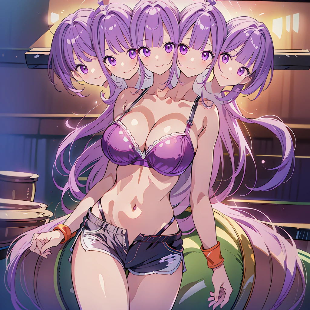 (masterpiece),(ultra-detailed), (high quality), (high resolution), (best quality:1.5, highres, UHD), highres, absurd, ultra detail, ultra quality, Ultra resolution, 16k, ((3heads:1.5)), purple hair, magenta violet eyes, casual wear, huge breasts, sports bra, exposed midriff, open belly, sports shorts, smiling