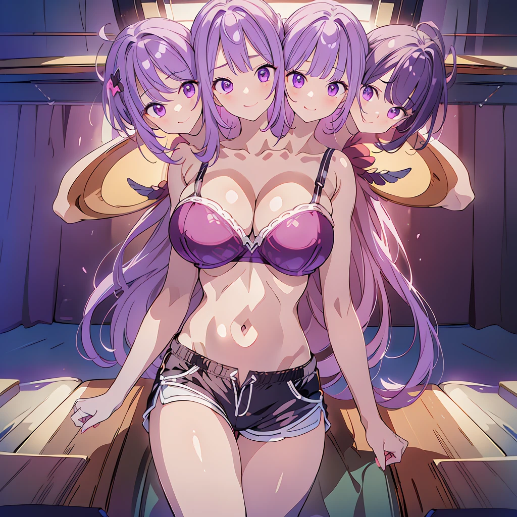 (masterpiece),(ultra-detailed), (high quality), (high resolution), (best quality:1.5, highres, UHD), highres, absurd, ultra detail, ultra quality, Ultra resolution, 16k, ((3heads:1.5)), purple hair, magenta violet eyes, casual wear, huge breasts, sports bra, exposed midriff, open belly, sports shorts, smiling