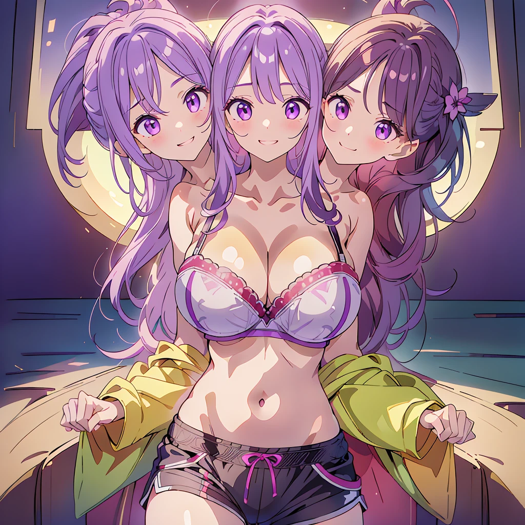 (masterpiece),(ultra-detailed), (high quality), (high resolution), (best quality:1.5, highres, UHD), highres, absurd, ultra detail, ultra quality, Ultra resolution, 16k, ((3heads:1.5)), purple hair, magenta violet eyes, casual wear, huge breasts, sports bra, exposed midriff, open belly, sports shorts, smiling
