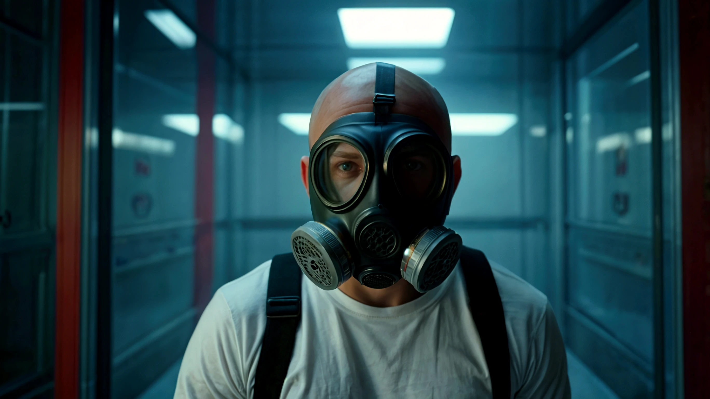 A striking and eerie portrait of Eminem, the legendary rapper, artist, and songwriter. In this surreal representation, he is adorned with a golden-redish gas mask, which contrasts starkly against his pale and gaunt face. His eyes, obscured by the gas mask's lenses, seem to peer out from beneath a furrowed brow. The gas mask hangs loosely around his neck, revealing his prominent Adam's apple and a small silver chain dangling between his collarbones., cinematic shot, dynamic lighting, 75mm, Technicolor, Panavision, cinemascope, sharp focus, fine details, 8k, HDR, realism, realistic, key visual, film still, superb cinematic color grading, depth of field, natural beauty