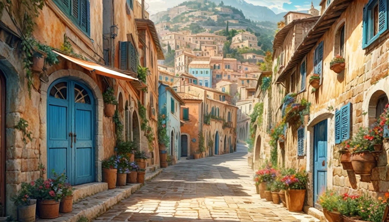 Historical masterpieces,Narrow street with blue door and pots. Buildings and roads close up on white, Streets of Tealstone, Mediterranean Village, Greek white buildings, roads and blue doors and windows,, Beautiful images, 8k)), , Vibrant colors with attention to detail, Ancient , Beautifully drawn, Colorful scene,beautiful retro art, by Bencho Obreshkov, Colourful and detailed, 8k)), Watercolor style, super Realistic painting style, Detailed 4K painting, Realistic painting style, Awesome Wallpapers,There is no one,Capri cityscape in Italy