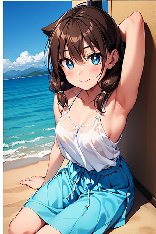 (Top quality illustrations:1.2), (1 girl、、Top quality illustrations:1.2), (1 girl、smile、Small breasts、Kind eyes)、Dark brown hair、short hair、Wavy Hair、Curly Hair、Low twin tails、Short pigtails、Summer fashion、from below