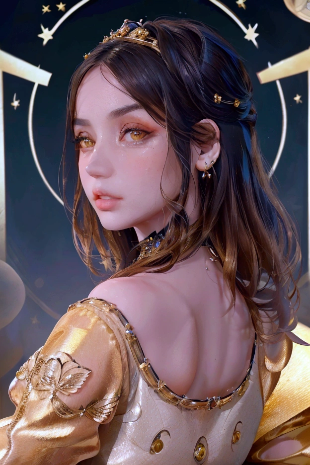 a radiant fantasy landscape, a girl in the center, beautiful detailed eyes, beautiful detailed lips, extremely detailed face, long eyelashes, ornate golden crown, intricate golden jewelry, flowing dress, ethereal glowing aura, sunbeams shining through clouds, vivid colors, dramatic lighting, dramatic cinematic composition, photorealistic, highly detailed, 8k, best quality, masterpiece