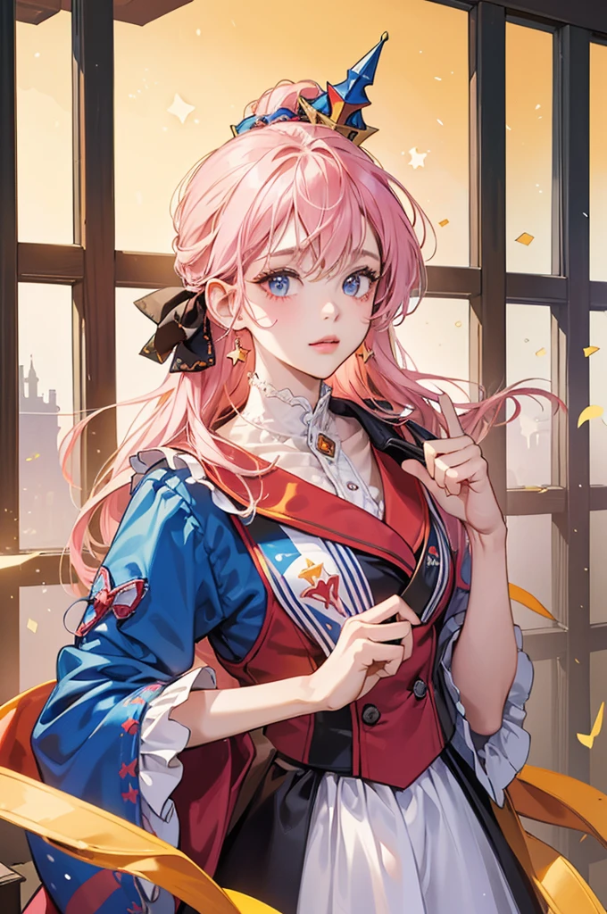 ((masterpiece))、(((Highest quality)))、((Super detailed))、((An illustration))、Attention to detail、Highly detailed CG unity 8k、High resolution、美しいAttention to detail目、Attention to detail、美しいAttention to detail目,She is yellow、Purple stripes on the body, Painting his face white, Pink cross-eyed and orange mouth. She has two pink stars painted on her cheeks, Wearing a blue and red jester's hat with bells,(Hair Ribbon:0.4), Pink Eyes,(((White bun hair))),(((Pink long hair))),, Red clown nose and green clown shoes. Shine; Glitter