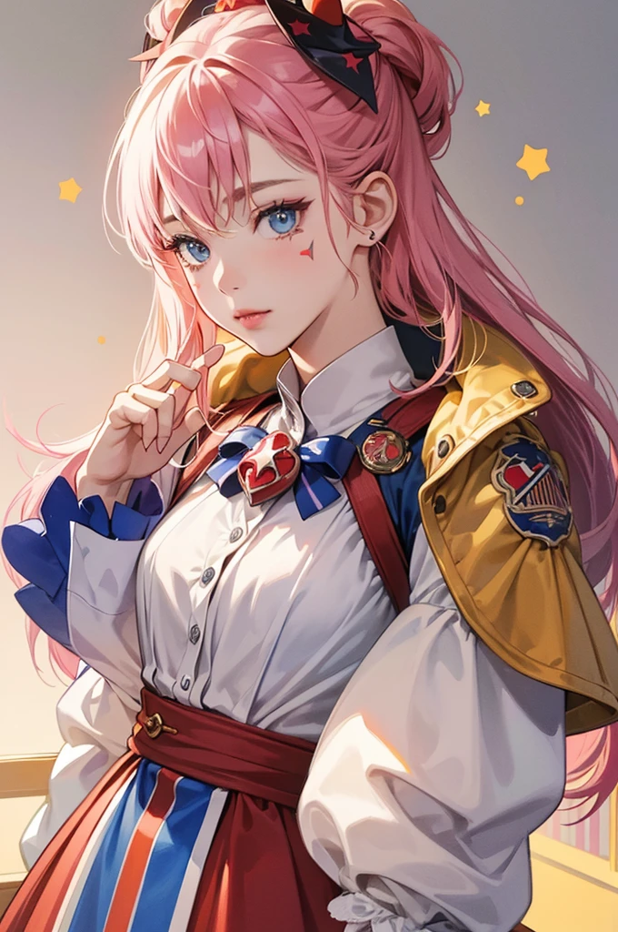 ((masterpiece))、(((Highest quality)))、((Super detailed))、((An illustration))、Attention to detail、Highly detailed CG unity 8k、High resolution、美しいAttention to detail目、Attention to detail、美しいAttention to detail目,She is yellow、Purple stripes on the body, Painting his face white, Pink cross-eyed and orange mouth. She has two pink stars painted on her cheeks, Wearing a blue and red jester's hat with bells,(Hair Ribbon:0.4), Pink Eyes,(((White bun hair))),(((Pink long hair))),, Red clown nose and green clown shoes. Shine; Glitter