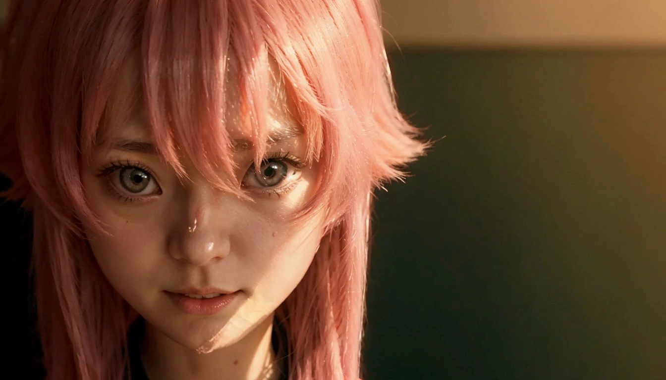 Close-up of a person with long pink hair and a black shirt, mirai nikki, In anime movies, Anime movie screenshots, Screenshots from the 2012 anime, Anime girl named Lucy, Close-up of a young anime girl, Zero Two, Today's featured anime is still, A still from the anime, From the TV anime, Megumi Okada