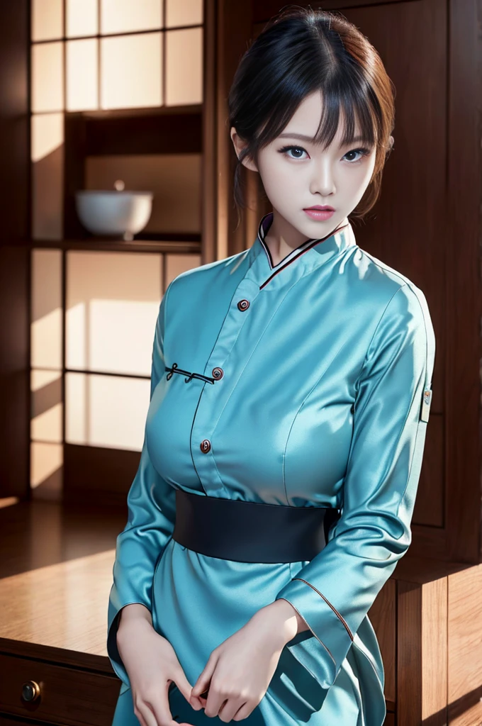 masuter piece, best qualtiy, ((Real model footage)), 8K picture quality, ((1 girl)), Extremely Delicately Beautiful, magnifica, Official art with attention to detail, ((perfect hands)), (18 years old girl), (japanese beautiful woman), black short hair, (((Cute light blue long-sleeved chef costume))), fierce eyes, assassin 