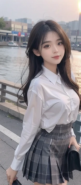 1 beautiful girl, Sad girl, Long Hair, 18-year-old, A beautiful face without blemishes, Rosy Face, Iris, Thin eyebrows, The most thorough makeup is the eyelashes, Pink lipstick, lips , Elegant smile, Her breasts are big and round, Narrow waist, Big Breasts, moderately large butt, Long legs, Reaches up to the waist、Please wear a light white button-up shirt that shows your underwear。., She is wearing a grey plaid pleated mini skirt.., high school student, Black Loafers, Thighs, Long Hair, Straightly stretched hair, One afternoon, The sun goes down, The sky is orange, Sunny sunset background image, Quality Best image quality, 8K quality, Real Girls, artwork, whole body