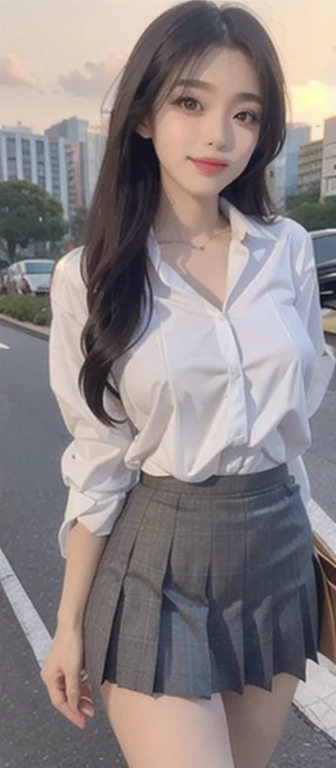 1 beautiful girl, Sad girl, Long Hair, 18-year-old, A beautiful face without blemishes, Rosy Face, Iris, Thin eyebrows, The most thorough makeup is the eyelashes, Pink lipstick, lips , Elegant smile, Her breasts are big and round, Narrow waist, Big Breasts, moderately large butt, Long legs, Reaches up to the waist、Please wear a light white button-up shirt that shows your underwear。., She is wearing a grey plaid pleated mini skirt.., high school student, Black Loafers, Thighs, Long Hair, Straightly stretched hair, One afternoon, The sun goes down, The sky is orange, Sunny sunset background image, Quality Best image quality, 8K quality, Real Girls, artwork, whole body