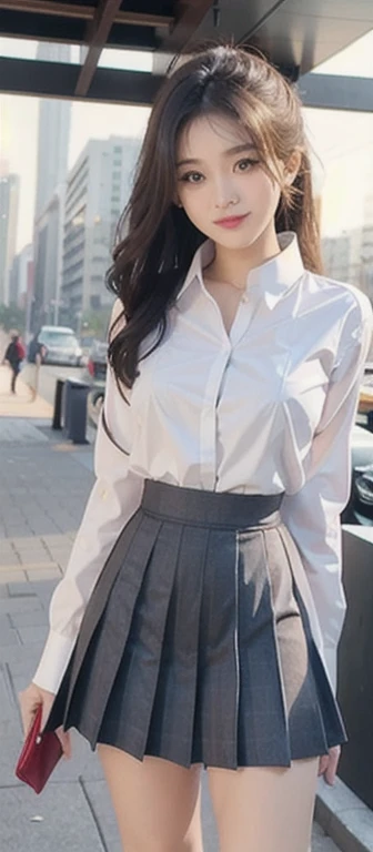 1 beautiful girl, Sad girl, Long Hair, 18-year-old, A beautiful face without blemishes, Rosy Face, Iris, Thin eyebrows, The most thorough makeup is the eyelashes, Pink lipstick, lips , Elegant smile, Her breasts are big and round, Narrow waist, Big Breasts, moderately large butt, Long legs, Reaches up to the waist、Please wear a light white button-up shirt that shows your underwear。., She is wearing a grey plaid pleated mini skirt.., high school student, Black Loafers, Thighs, Long Hair, Straightly stretched hair, One afternoon, The sun goes down, The sky is orange, Sunny sunset background image, Quality Best image quality, 8K quality, Real Girls, artwork, whole body