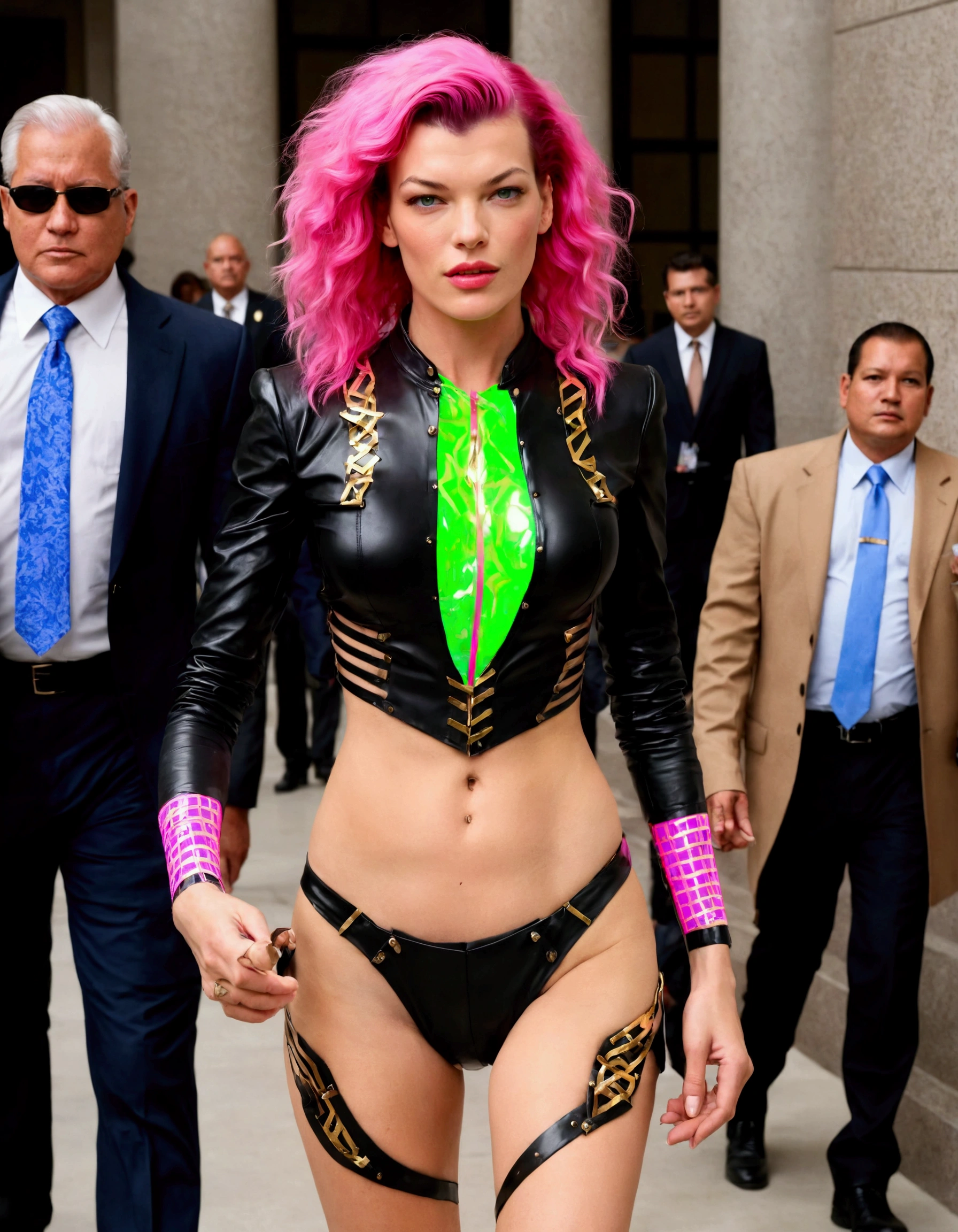 Milla Jovovich (age 20, neon hair, matching metal tape sexy business outfit) is entering the courthouse, briefcase in hand
